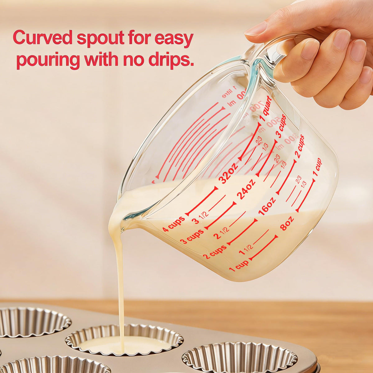 M MCIRCO cup with curved spout for smooth, mess-free pouring.