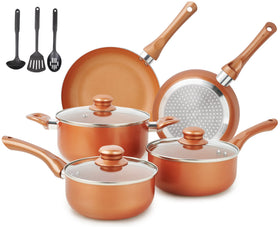 M MELENTA 11-piece copper cookware set front view shows versatile searing and simmering options.