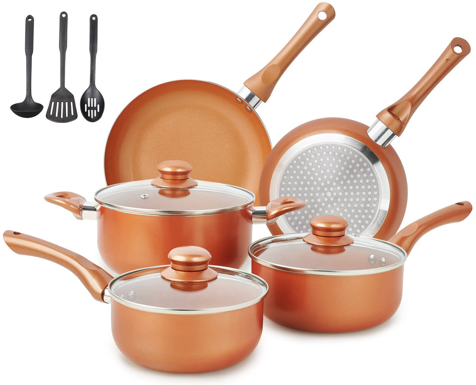 M MELENTA 11-piece copper cookware set front view shows versatile searing and simmering options.