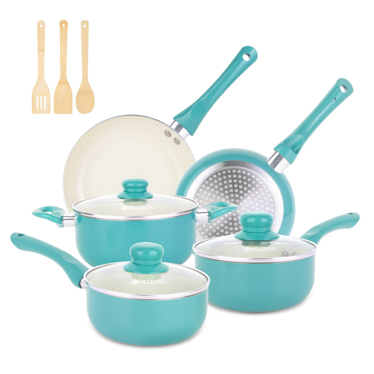 M MELENTA 11-piece nonstick set image highlighting compact cookware for small kitchens.
