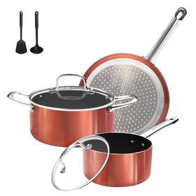 M MELENTA 7pc copper pots and pans set for versatile cooking and space-saving storage.