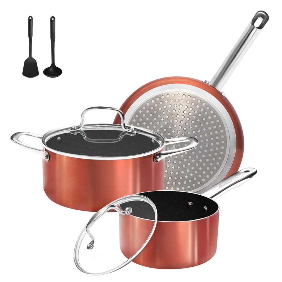 M MELENTA 7pc copper pots and pans set for versatile cooking and space-saving storage.