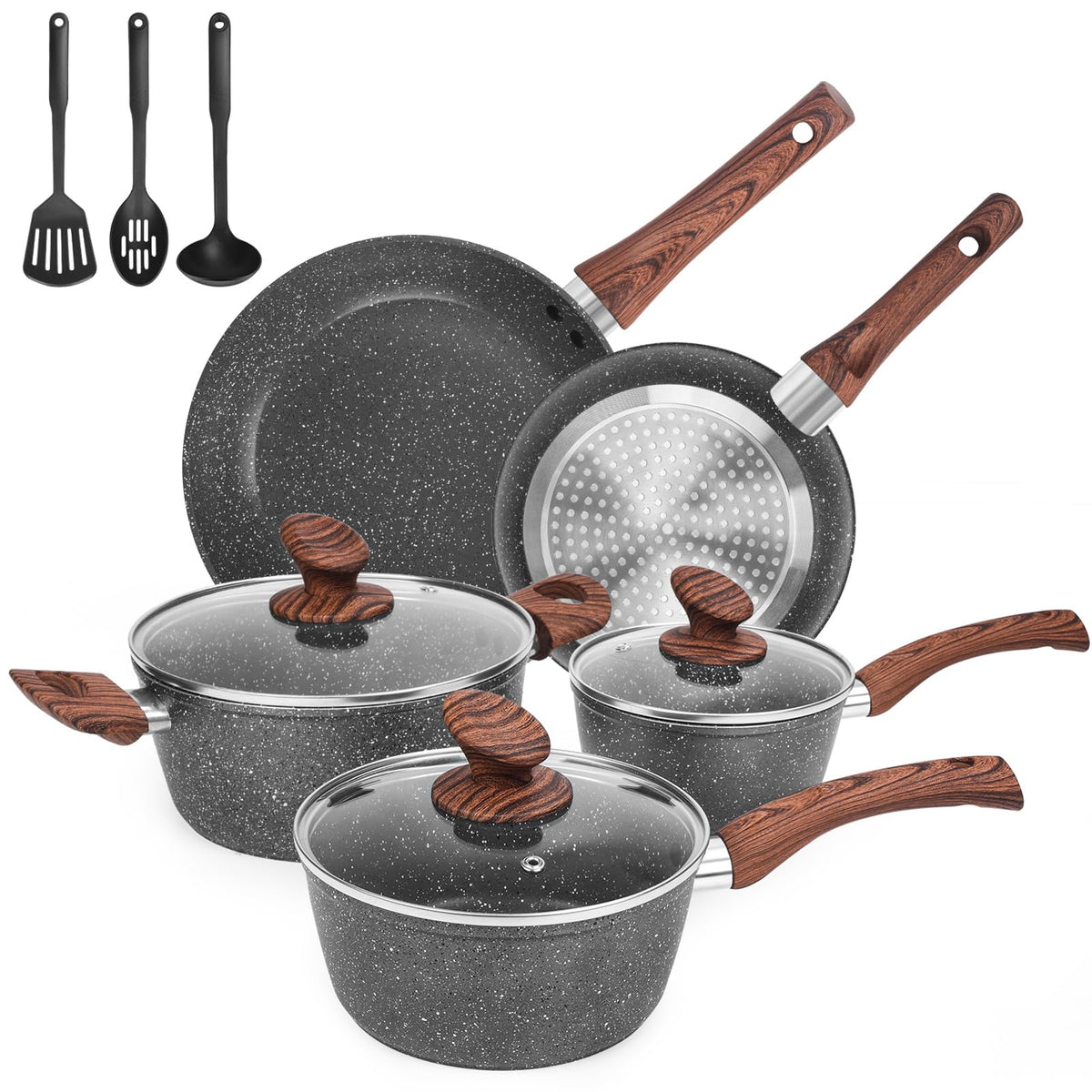 M MELENTA granite pots and pans set assembled on stove for versatile cooking