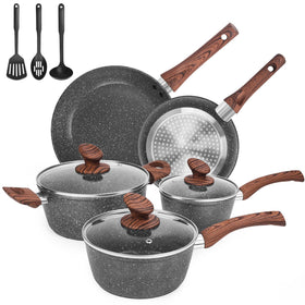 M MELENTA granite pots and pans set assembled on stove for versatile cooking
