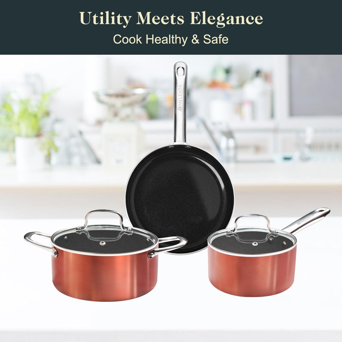 M MELENTA nylon utensils included for safe stirring and mess-free cooking.
