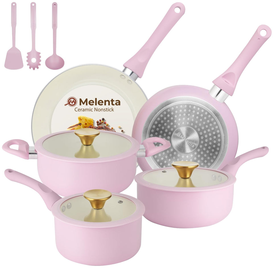 M MELENTA pink ceramic nonstick frying pans for easy cleanup and low-oil cooking.
