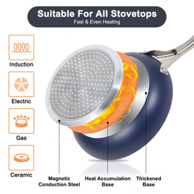 M MELENTA stainless steel handles provide grip and heat resistance during cooking.