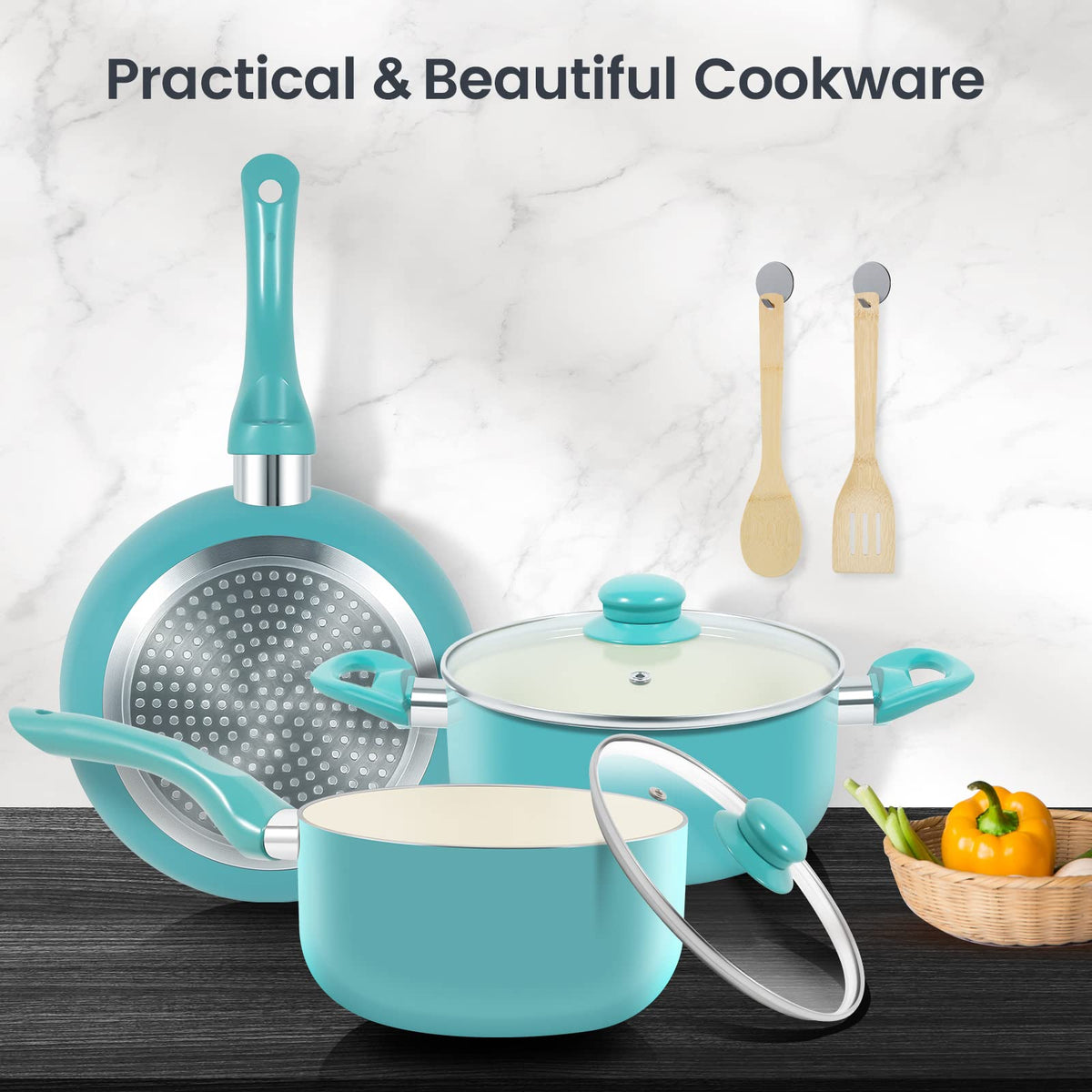 M MELENTA turquoise cookware on a counter adds cheerful style.