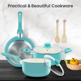 M MELENTA turquoise cookware on a counter adds cheerful style.