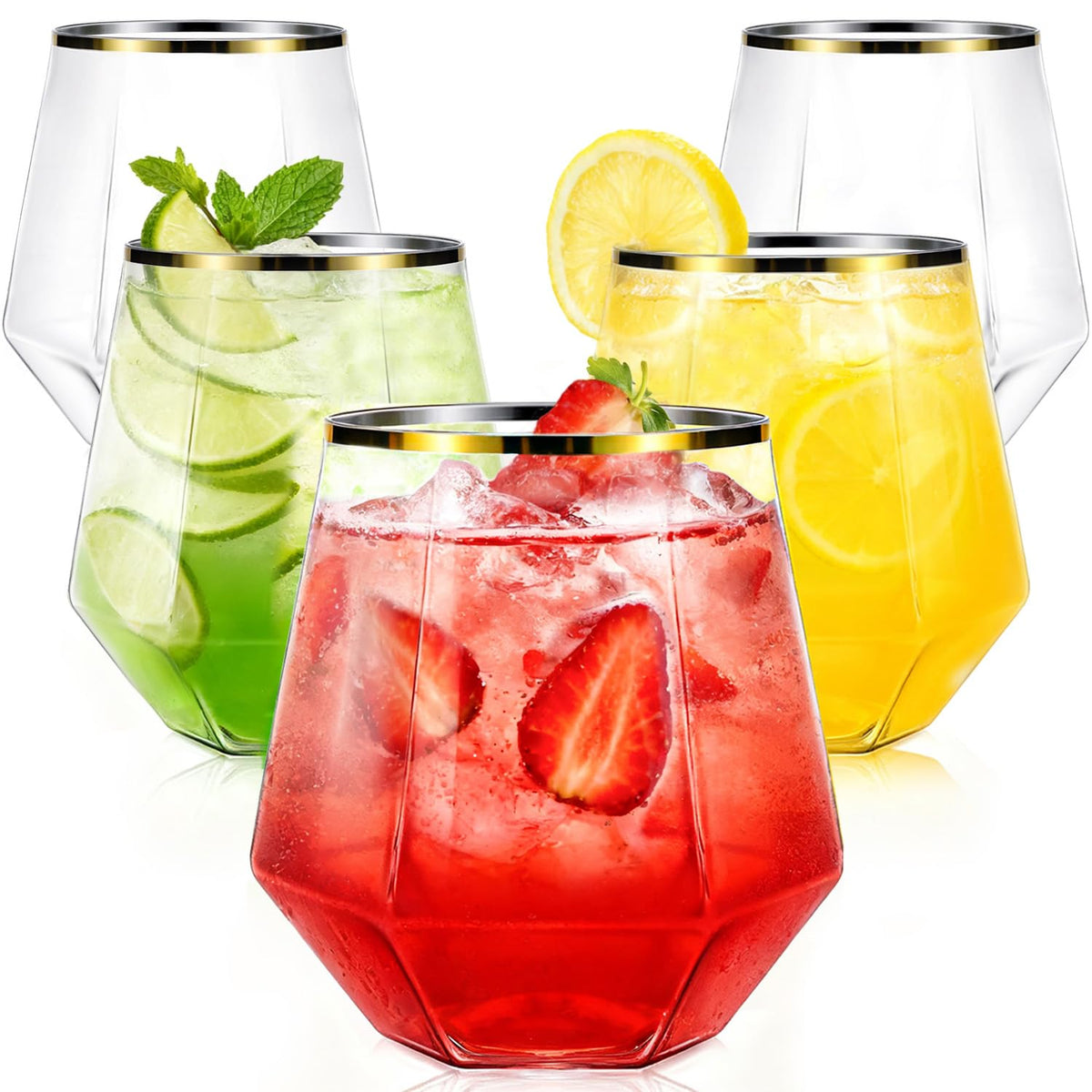 Maaacute diamond-shaped gold-rim plastic wine glasses for elegant entertaining