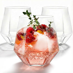 Maaacute diamond-shaped stemless wine glass, 12oz, durable for indoor or outdoor events.