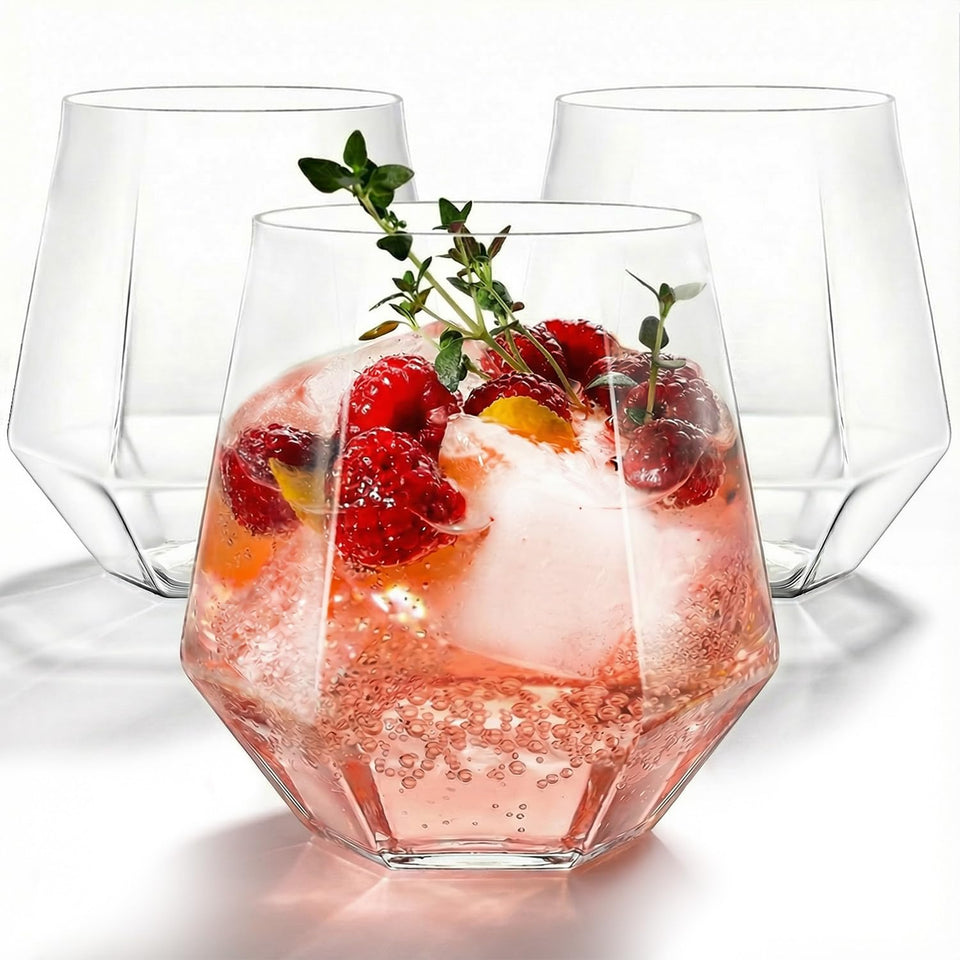 Maaacute diamond-shaped stemless wine glass, 12oz, durable for indoor or outdoor events.