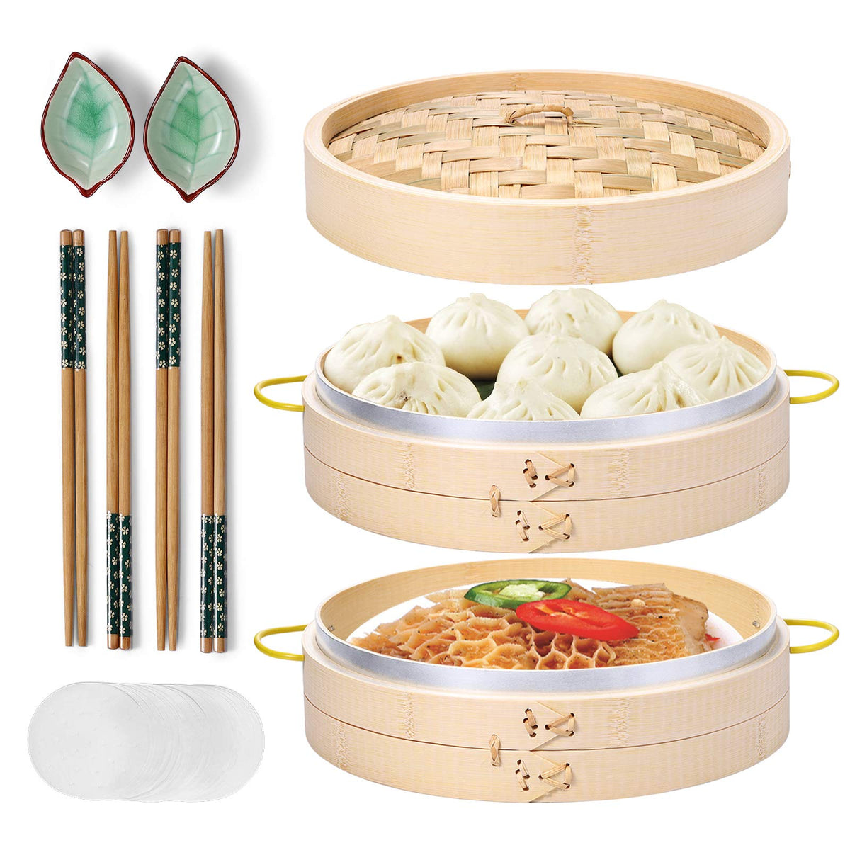 MacaRio bamboo steamer 10-inch two-tier basket for even, delicate steam cooking