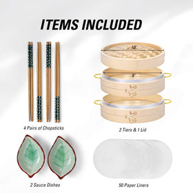 MacaRio bamboo steamer chopsticks and sauce dishes for convenient dim sum prep