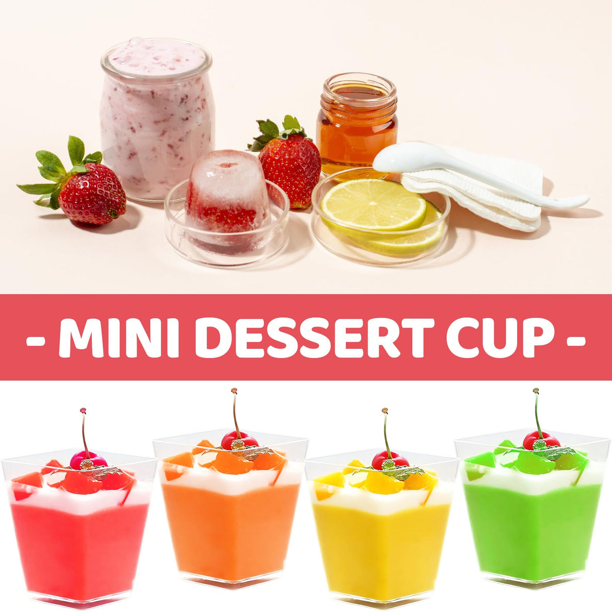 Macepason 100-pack clear dessert cups boxed, convenient for party prep.