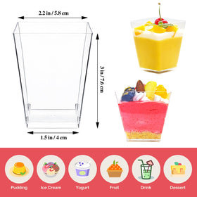 Macepason 5 oz clear square mini dessert cups, side view, sturdy plastic for events.