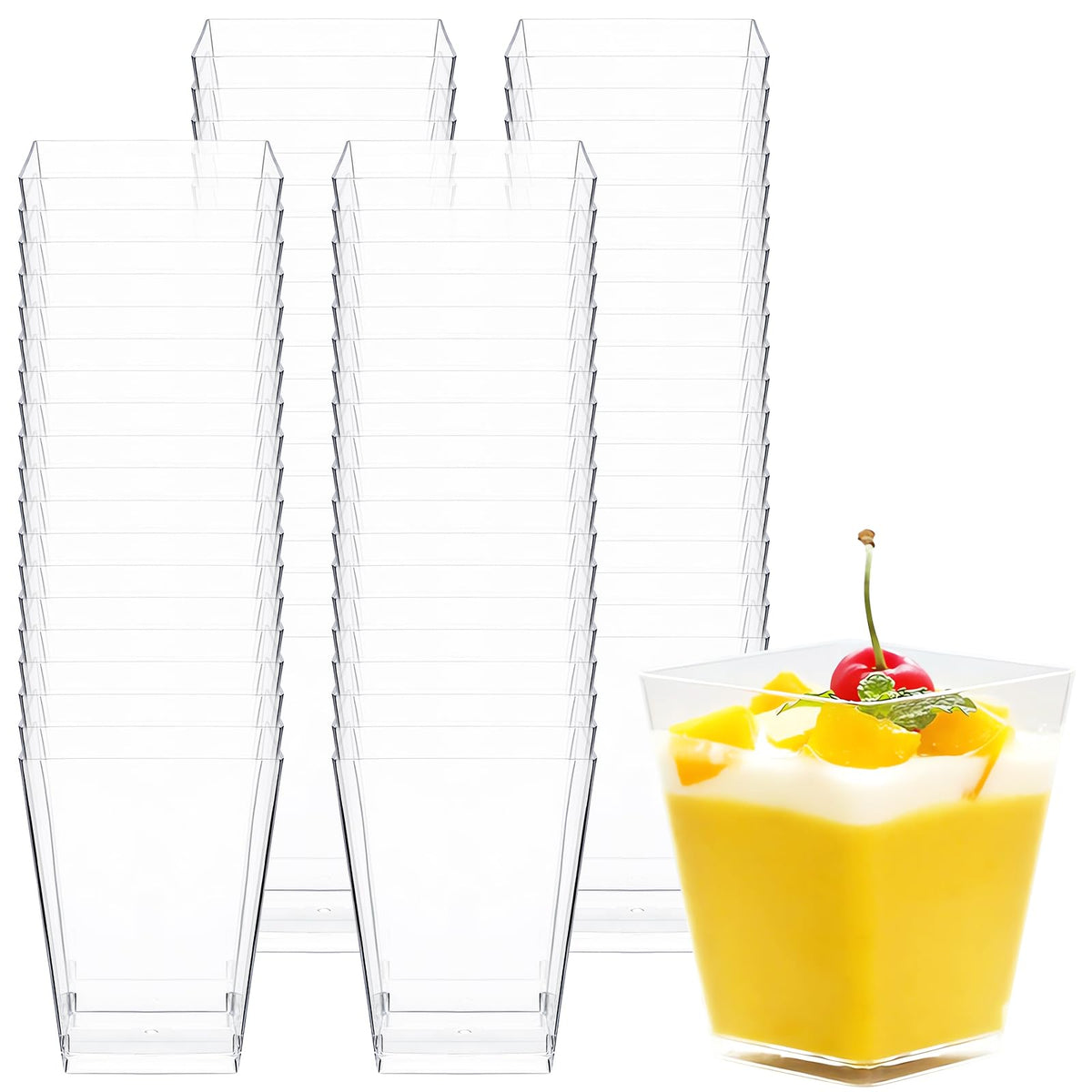 Macepason 5 oz clear square mini dessert cups, top view, ideal for elegant pudding portions.