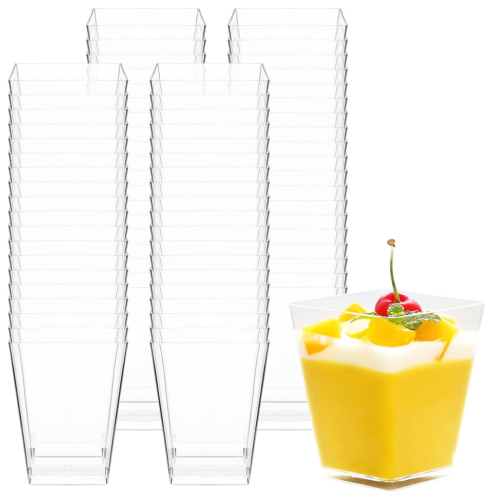 Macepason 5 oz clear square mini dessert cups, top view, ideal for elegant pudding portions.