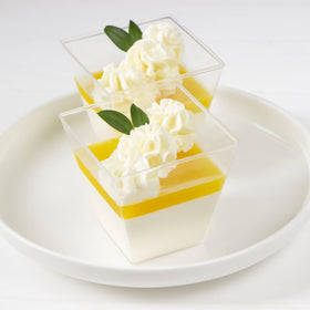 Macepason clear square dessert cups shown for fruit servings, ideal for fresh desserts.