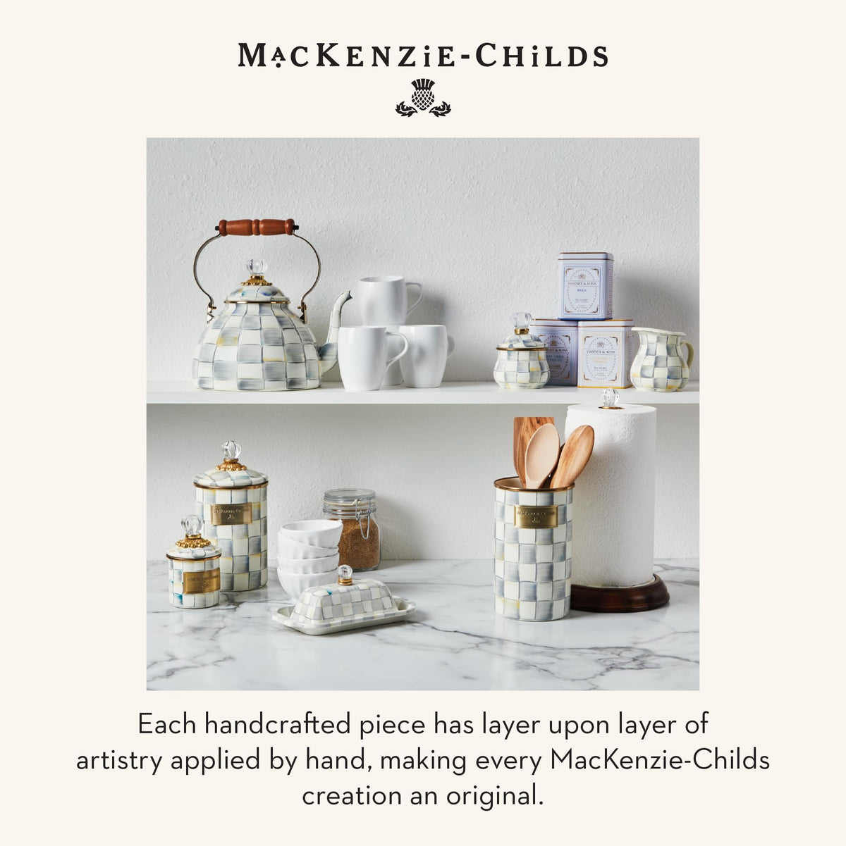 Mackenzie-Childs brand story enamelware packaging evokes craft heritage.
