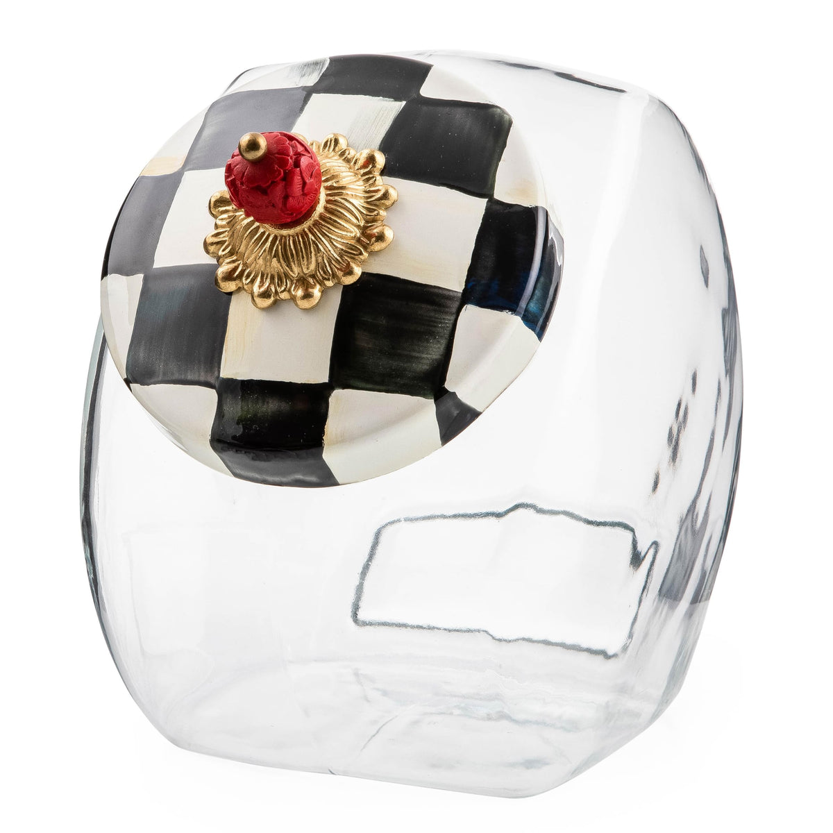 MacKenzie-Childs cookie jar with enamel lid in Courtly Check keeps treats visible and fresh on the counter.