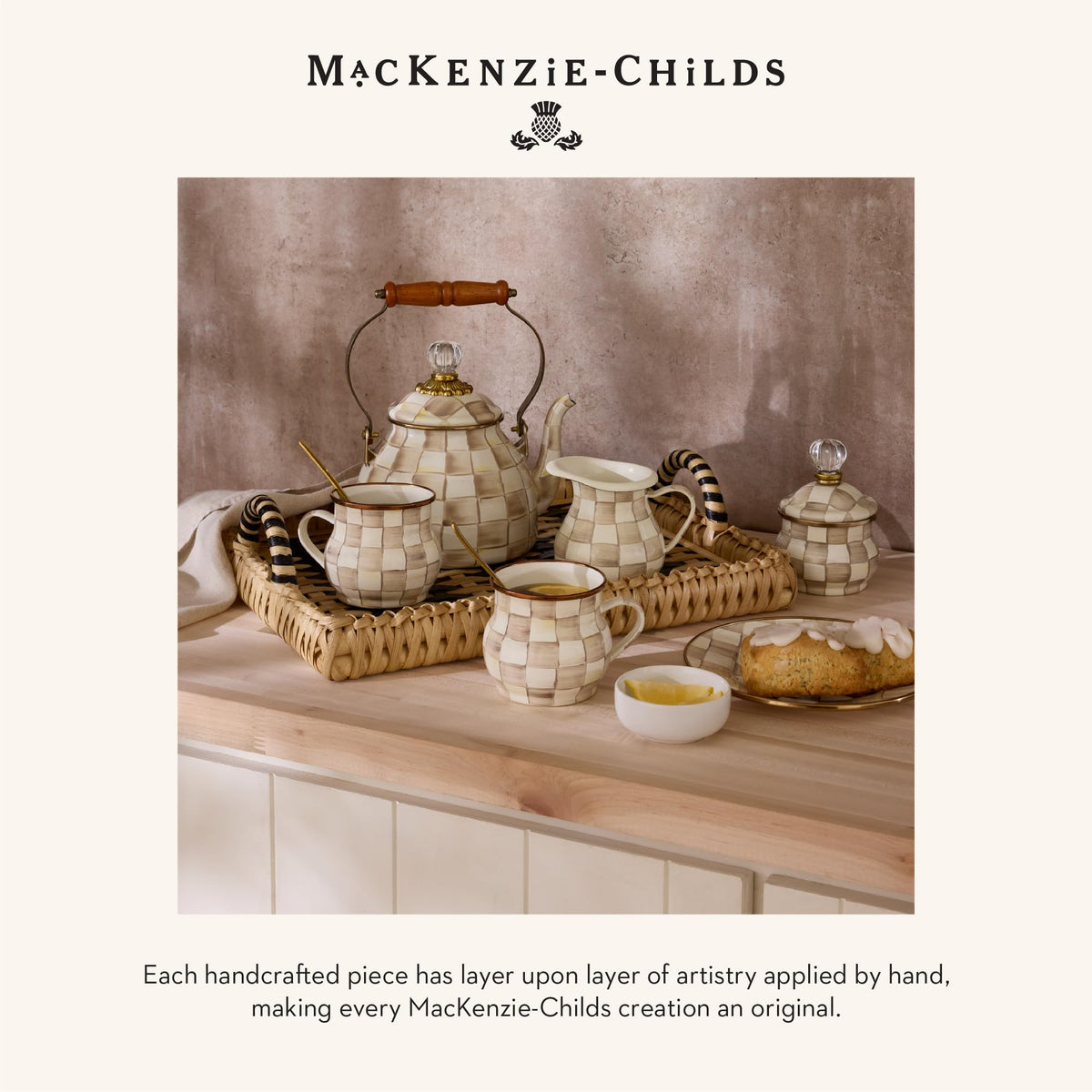 MacKenzie-Childs counter decor idea showcases sophisticated organization for towels.