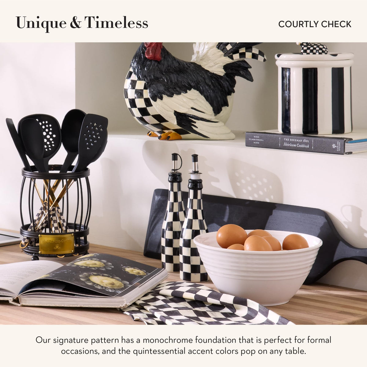 MacKenzie-Childs Courtly Check design adds elegant kitchen decor.