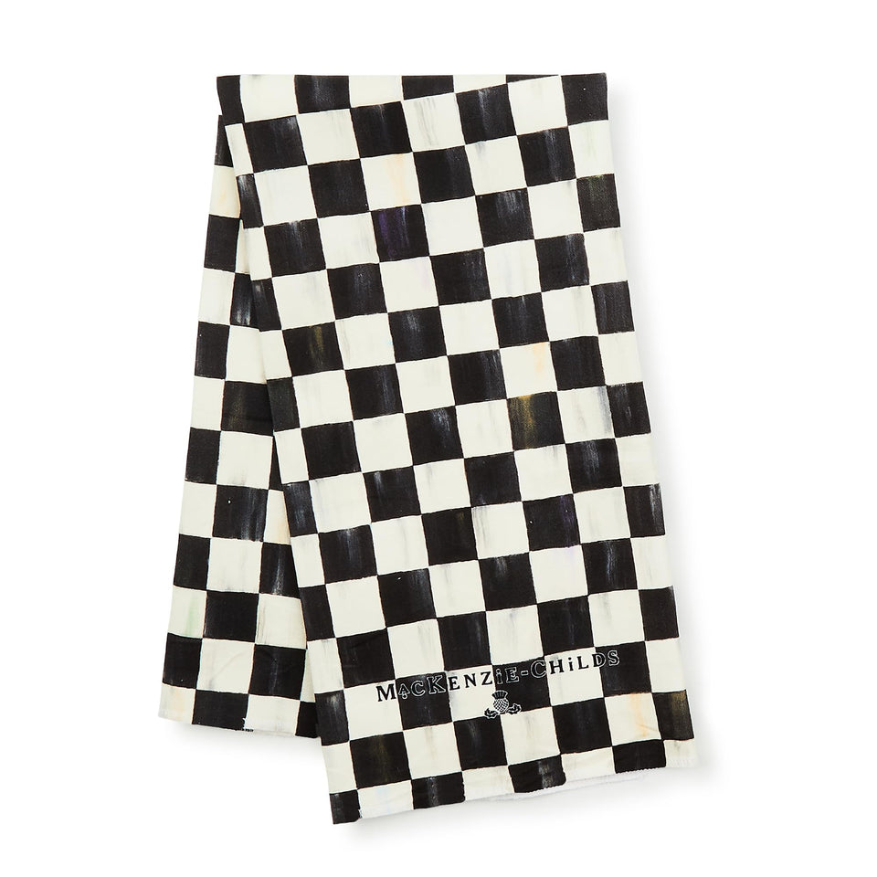 Mackenzie-Childs Courtly Check dish towel in black and white, a stylish kitchen drying accessory.