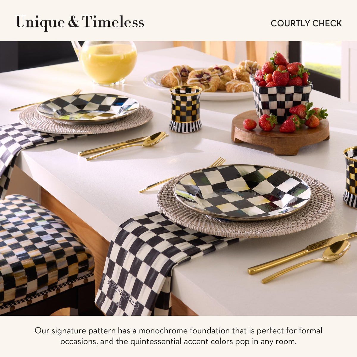 Mackenzie-Childs elegant kitchen towel showcases Courtly Check pattern.