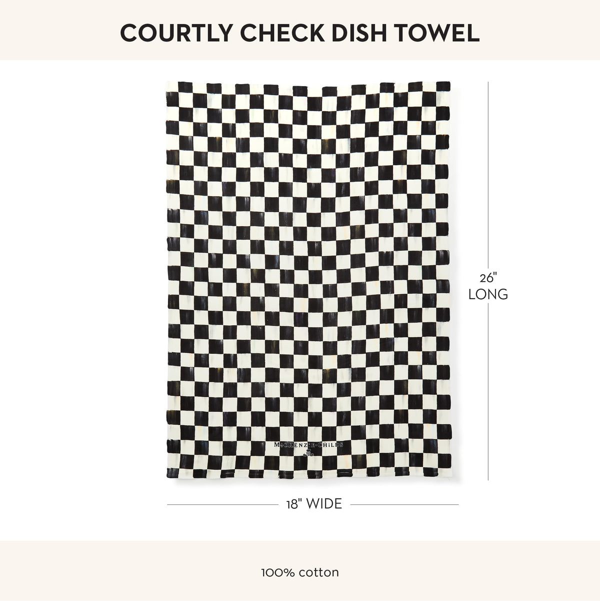 Soft cotton Mackenzie-Childs towel dries hands efficiently and elevates decor.