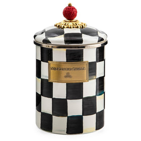 MacKenzie-Childs Courtly Check enamel canister lid close-up with faux-cinnabar knob for stylish storage.
