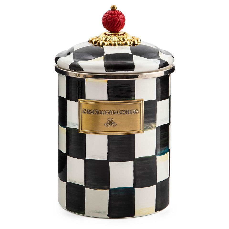 MacKenzie-Childs Courtly Check enamel canister lid close-up with faux-cinnabar knob for stylish storage.