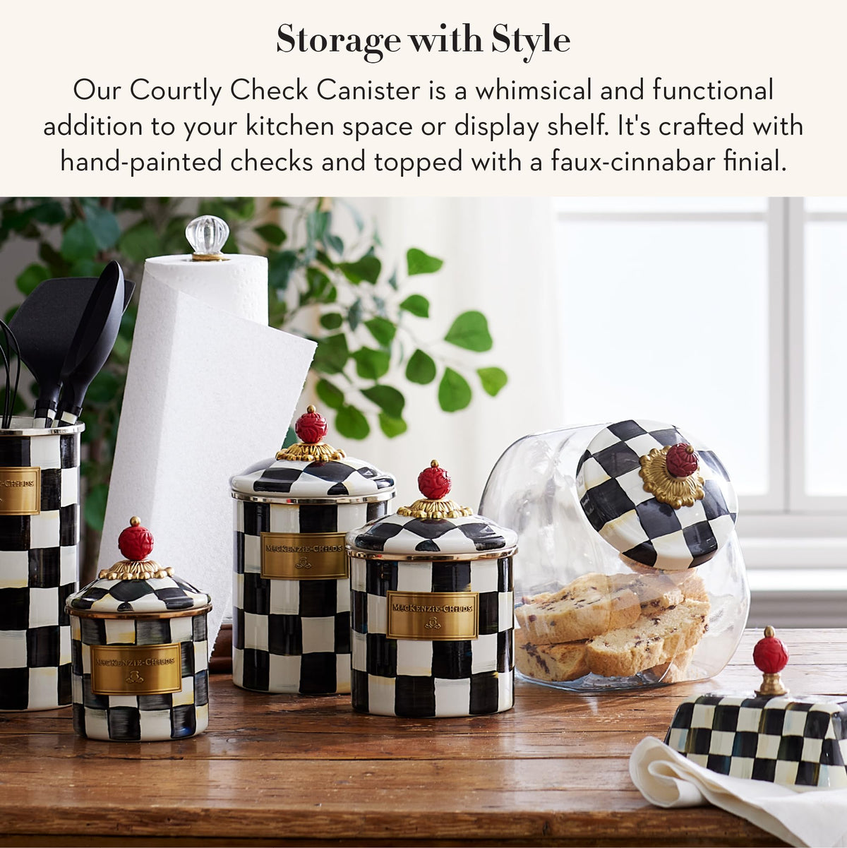 MacKenzie-Childs Courtly Check enamel canister on a kitchen counter for easy access.