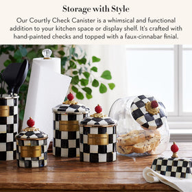 MacKenzie-Childs Courtly Check enamel canister on a kitchen counter for easy access.