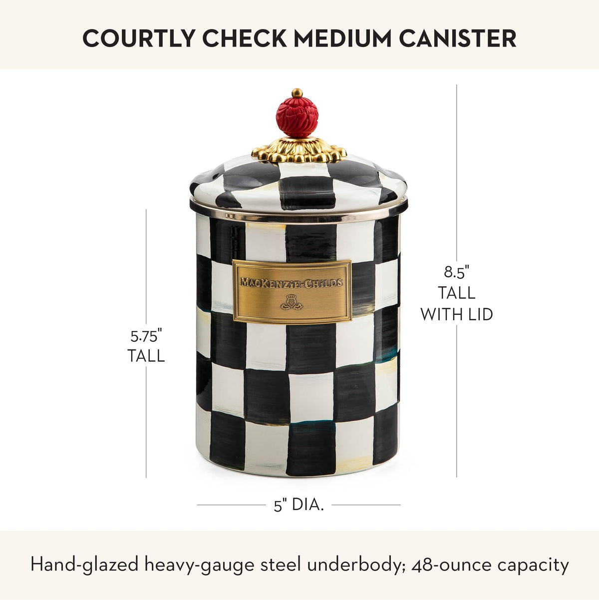 MacKenzie-Childs Courtly Check enamel canister keeps tea bags fresh with elegant design.