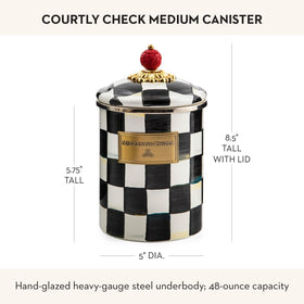 MacKenzie-Childs Courtly Check enamel canister keeps tea bags fresh with elegant design.
