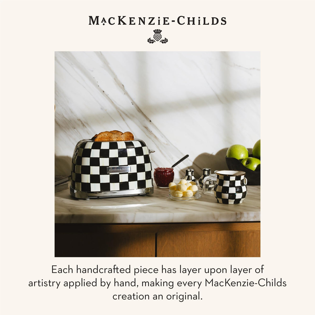 MACKENZIE-CHILDS Courtly Check toaster in a bright kitchen scene.