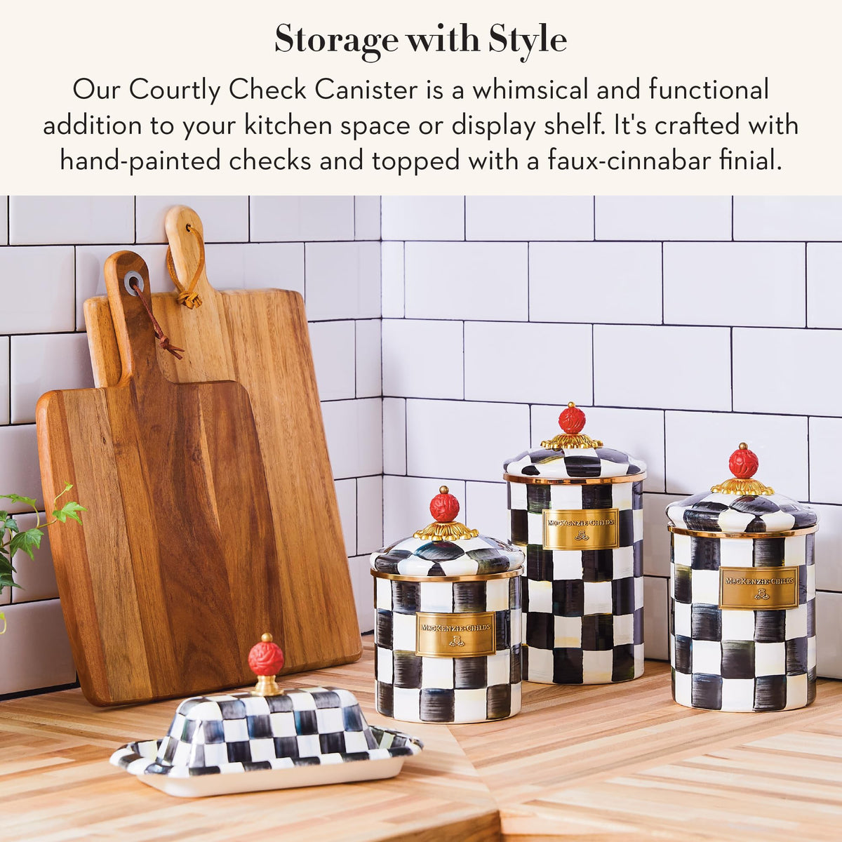 MacKenzie-Childs Courtly Check pattern on canister adds decorative kitchen storage.