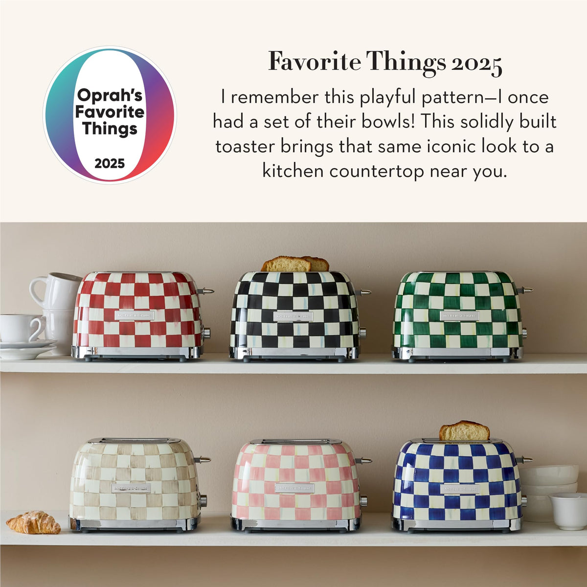 MACKENZIE-CHILDS Courtly Check toaster back view showcases robust stainless steel.
