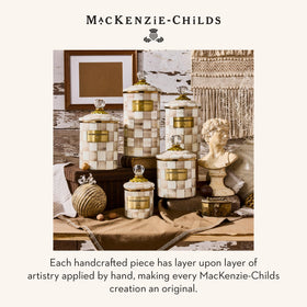 Decorative brown-and-white check container blends with eclectic kitchen decor.