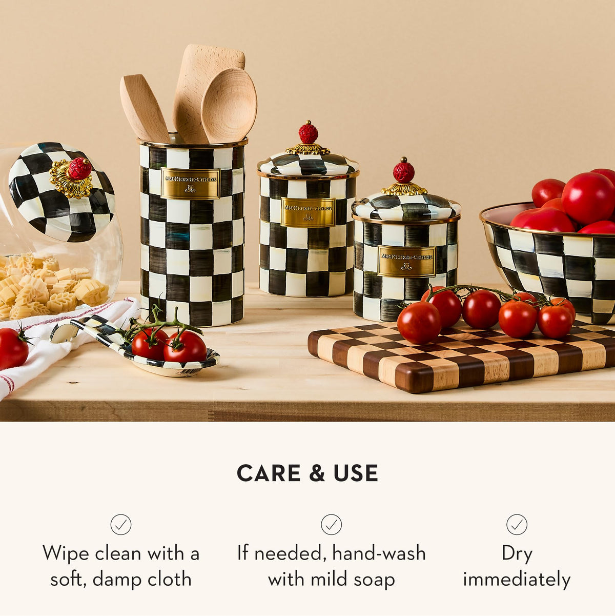 MacKenzie-Childs enamel canister doubles as decorative kitchen storage with timeless pattern.