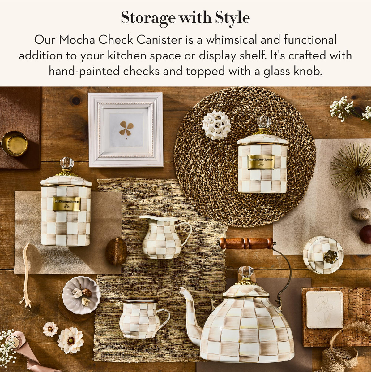 Closeup of enamel canister with glass knob showcasing Mocha Check charm.