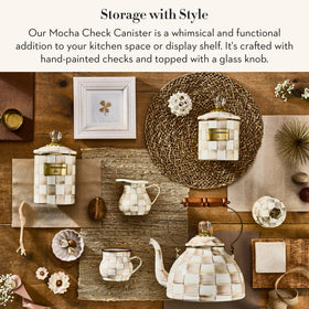 Closeup of enamel canister with glass knob showcasing Mocha Check charm.