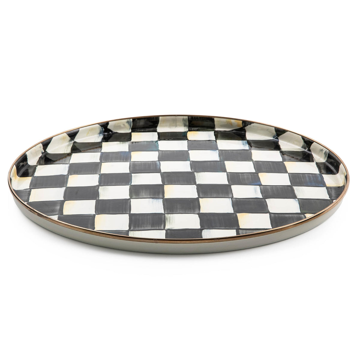 MacKenzie-Childs enamel round tray Courtly Check closeup for stylish entertaining.