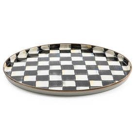 MacKenzie-Childs enamel round tray Courtly Check closeup for stylish entertaining.