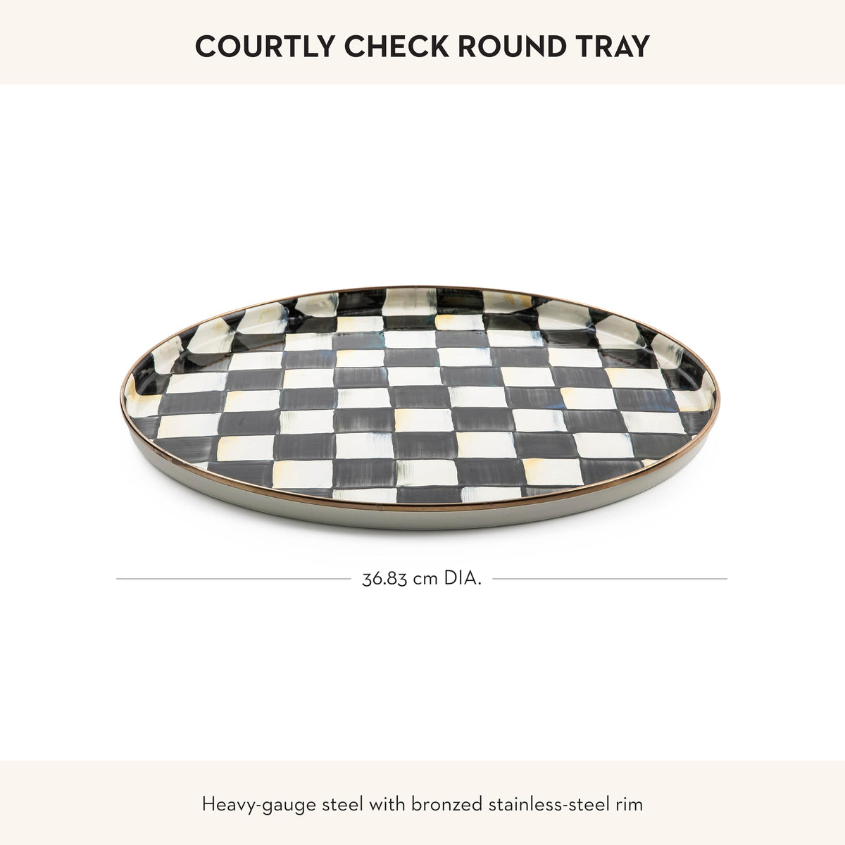 MacKenzie-Childs enamel round tray Courtly Check gift-ready presentation.