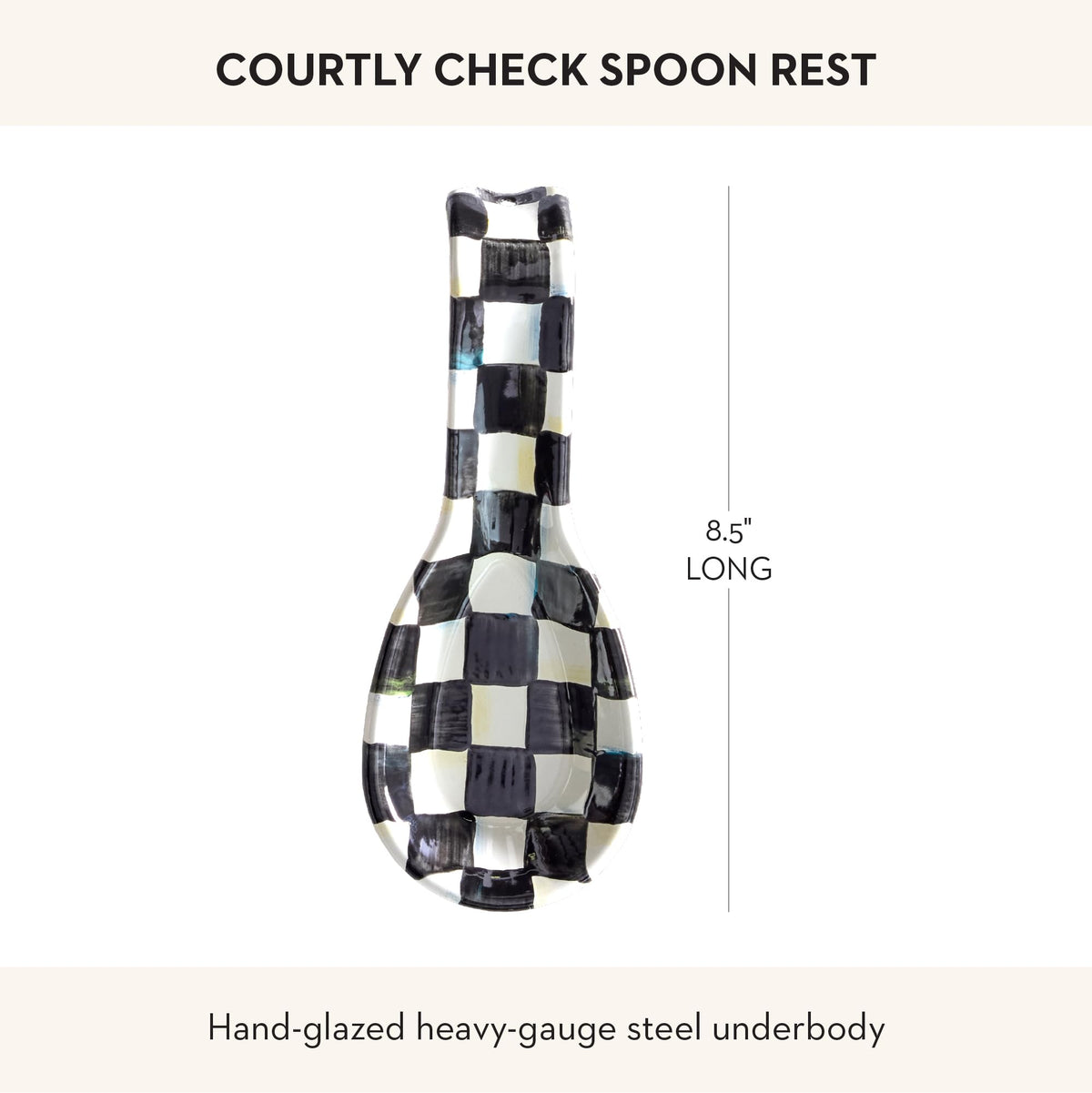 MACKENZIE-CHILDS enamel spoon rest Courtly Check pattern highlights craftsmanship on the table.