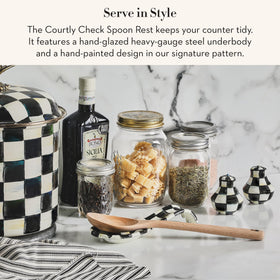 MACKENZIE-CHILDS enamel spoon rest on countertop adds timeless Courtly Check charm.
