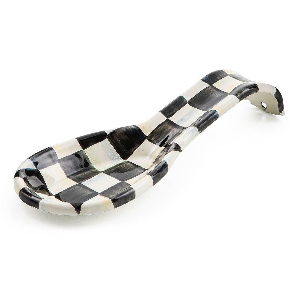 MACKENZIE-CHILDS enamel spoon rest in Courtly Check on stovetop keeps surfaces tidy.
