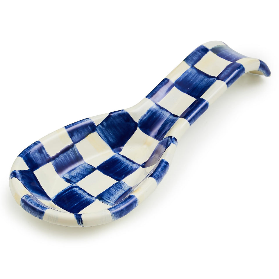 MACKENZIE-CHILDS enamel spoon rest on stovetop keeps counters tidy with blue check pattern